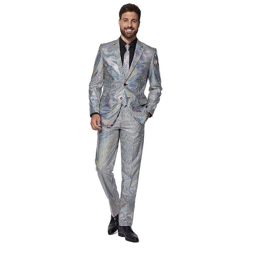 OppoSuits Disco Silver Holographic 2 Piece Suit Blazer Size 36 Pants 36 Cosplay